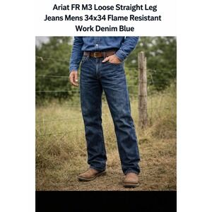 Ariat FR M3 Loose Straight Leg Jeans Mens 34x34 Flame Resistant Work Denim Blue